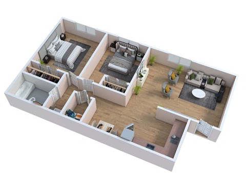 Floor plan for 2 beds, 1 bath, 940 sqft